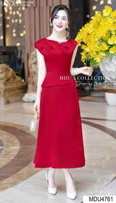 SCARLET BLOOM – ELEGANT PEPLUM MIDI DRESS | MDU4761