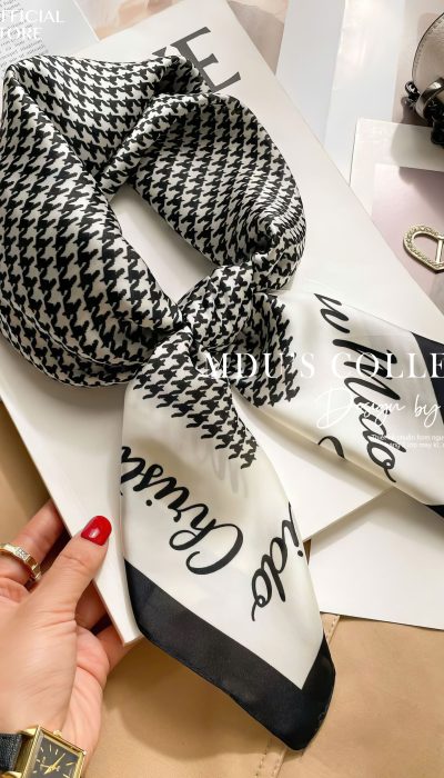 PARISIAN CODE – Houndstooth & Script Silk Scarf | KLD043