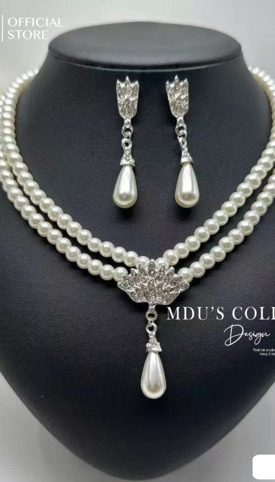 VLD124 – Elegant Double-Strand Pearl Necklace and Drop Earrings Set