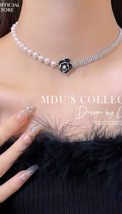 NOIR BLOOM – Asymmetrical Pearl & Rhinestone Necklace With Camellia Charm | VLD022
