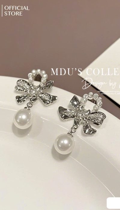 VLD118 – Charming Bow Crystal & Pearl Drop Earrings