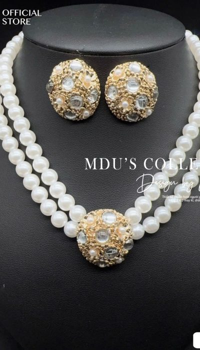 VLD128 – Elegant Pearl Necklace and Earrings Set with Mixed Pearl and Crystal Accents