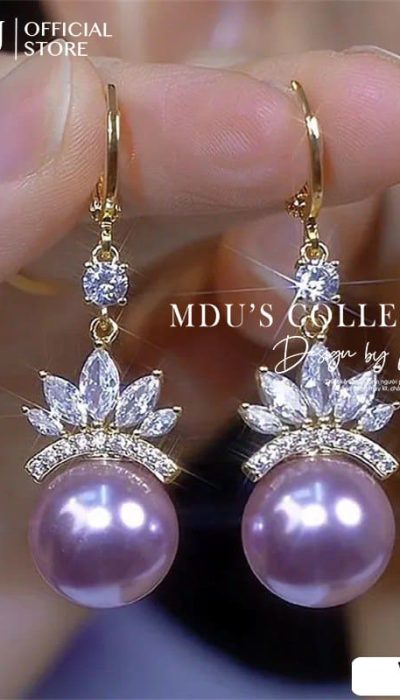 VLD104 – Elegant Purple Pearl Drop Earrings with Crystal Crown