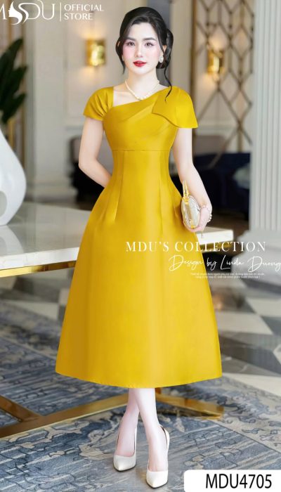 SUNLIT ELEGANCE – MDU4705 | Sleek Mustard Yellow Midi Dress