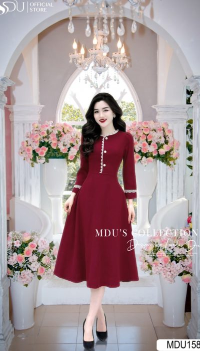 GRACEFUL RUBY – MDU1587 | Vintage-Inspired Burgundy Midi Dress