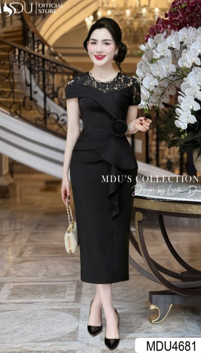 NOIR ELEGANCE – MDU4681 | Sophisticated Black Bodycon Midi Dress