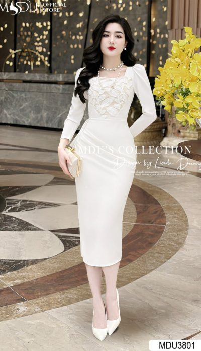 IVORY GRACE – MDU3801 | Elegant White Bodycon Dress with 3D Floral Embroidery