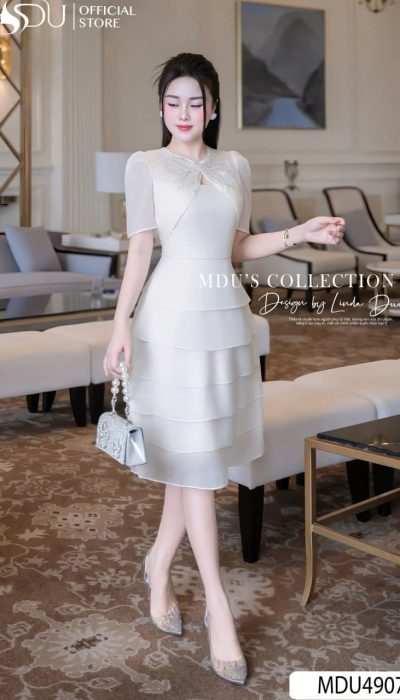 Elegant Radiance – Shiny Silk Dress with Delicate Overlay | MDU4907