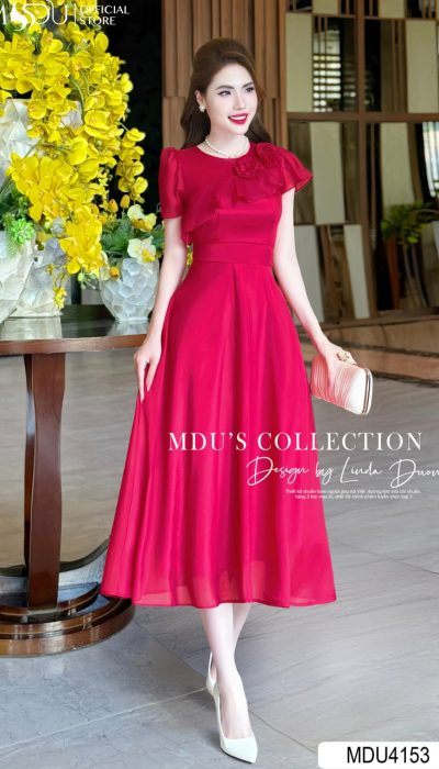 Scarlet Whisper – Premium Korean Silk Dress with Floral Elegance  | MDU4153