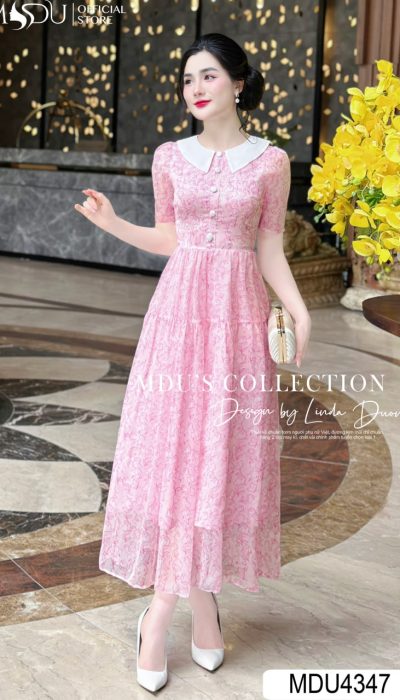 SOFT ELEGANCE – THE PINK LACE MIDI DRESS WITH CHIC COLLAR | MDU4347