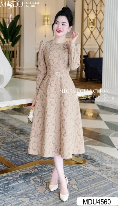 Elegant Charm – Jacquard Brocade Dress with Embossed Floral Patterns | MDU4560