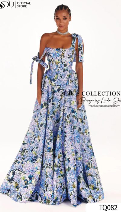BLUE FLORAL PRINT A-LINE GOWN WITH BOW STRAPS - TQ082