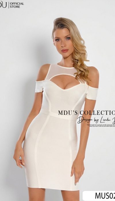 WHITE OFF-SHOULDER MESH PANEL DRESS - MUS028