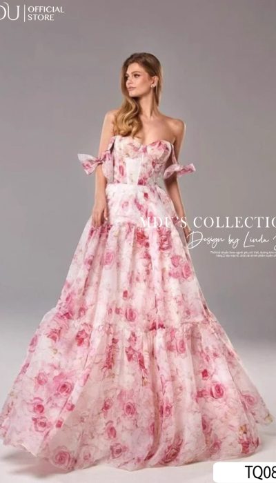 PINK ROSE PRINT BALL GOWN WITH BOW STRAPS - TQ083