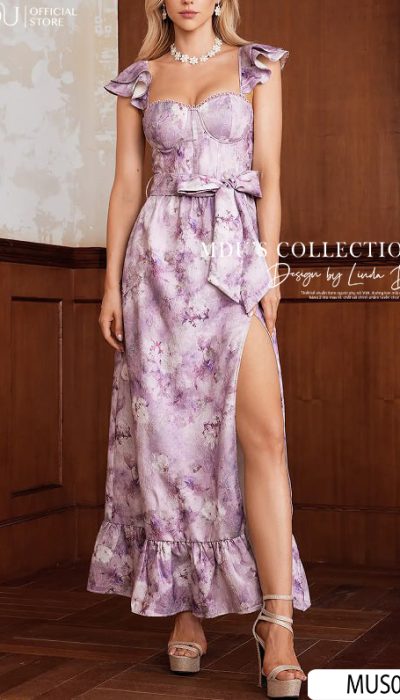 LILAC FLORAL RUFFLE SLIT DRESS - MUS004