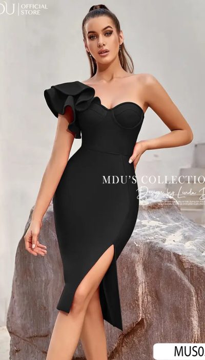 BLACK ONE-SHOULDER RUFFLE MIDI DRESS - MUS030