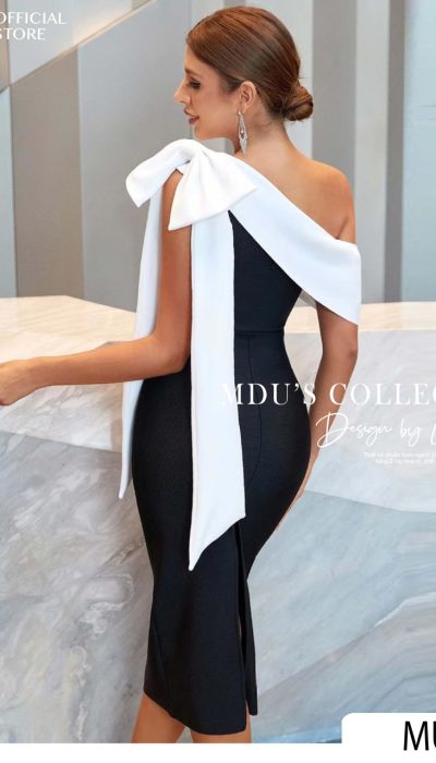 BLACK AND WHITE ELEGANT ONE-SHOULDER MIDI DRESS - MUS041