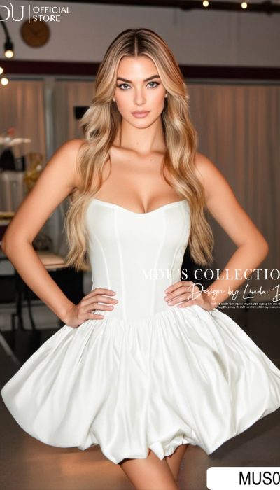 WHITE CORSET BALLOON MINI DRESS - MUS064