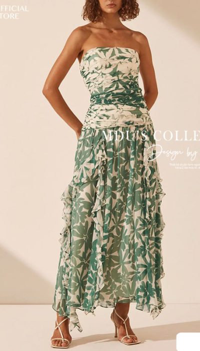 STRAPLESS GREEN LEAF PRINT RUFFLE MIDI DRESS - TQ084