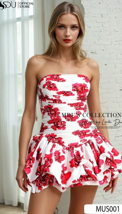 STRAPLESS FLORAL RUFFLED MINI DRESS - MUS002