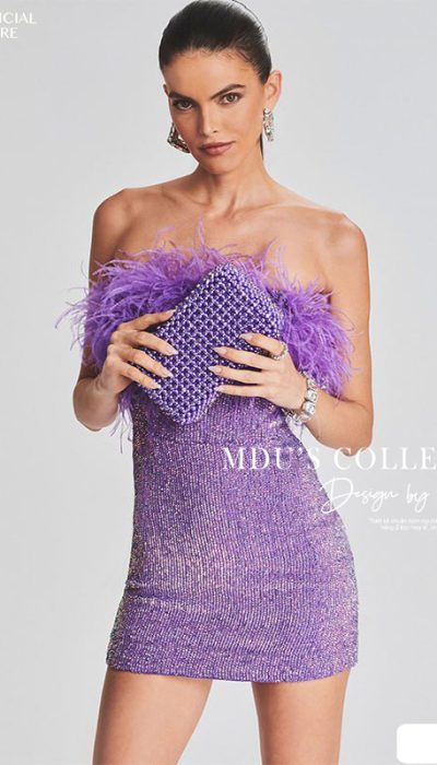 GLITTER FEATHER STRAPLESS MINI DRESS - MUS038