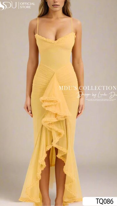 SPAGHETTI STRAP RUFFLED HIGH-LOW YELLOW DRESS - TQ086