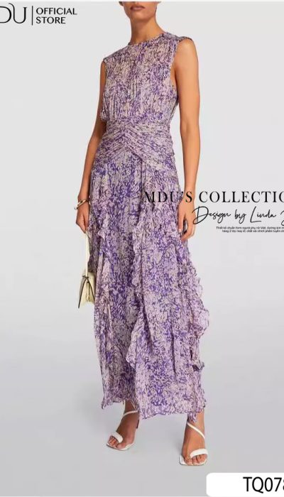 LAVENDER FLORAL PLEATED RUFFLE MAXI DRESS - TQ078