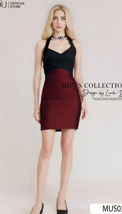 BLACK & WINE RED HALTER BODYCON DRESS - MUS031