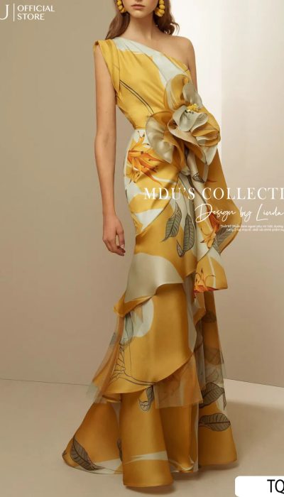 ONE-SHOULDER FLORAL ORGANZA GOWN WITH STATEMENT BOW -TQ074