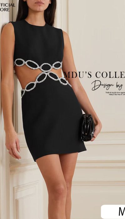 BLACK CUTOUT MINI DRESS WITH CRYSTAL LOOPS - MUS043