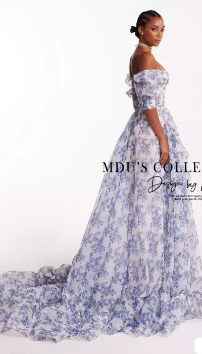 OFF-SHOULDER FLORAL HIGH-LOW GOWN WITH PUFF SLEEVES - TQ085