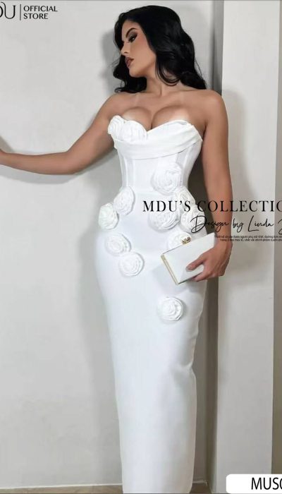 3D FLORAL WHITE STRAPLESS DRESS - MUS039