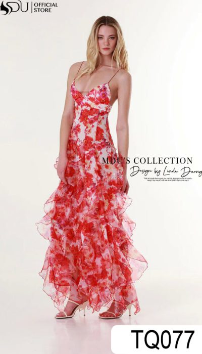 TQ077-RED FLORAL RUFFLED MESH MAXI DRESS