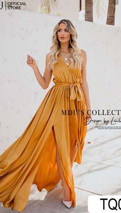 GOLDEN YELLOW MAXI DRESS WITH WAIST TIE AND SLIT-TQ072