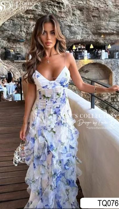 RUFFLED FLORAL MAXI DRESS WITH SPAGHETTI STRAPS - TQ076