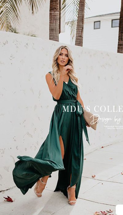 EMERALD GREEN SATIN MAXI DRESS WITH SIDE SLIT - TQ073