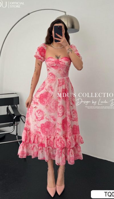 FLORAL PUFF SLEEVE MIDI DRESS - TQ087
