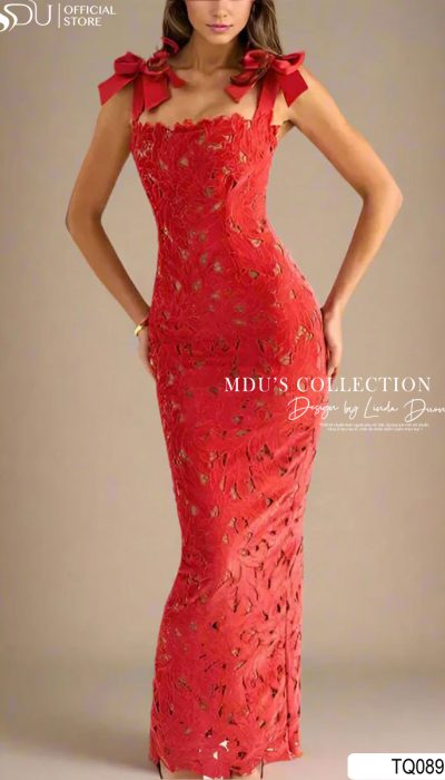 RED LACE BOW-STRAP BODYCON GOWN- TQ089