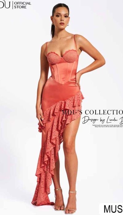 CORAL CORSET HIGH-LOW LACE DRESS - MUS019