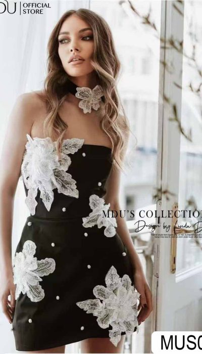 BLACK FLORAL EMBELLISHED MINI DRESS - MUS024