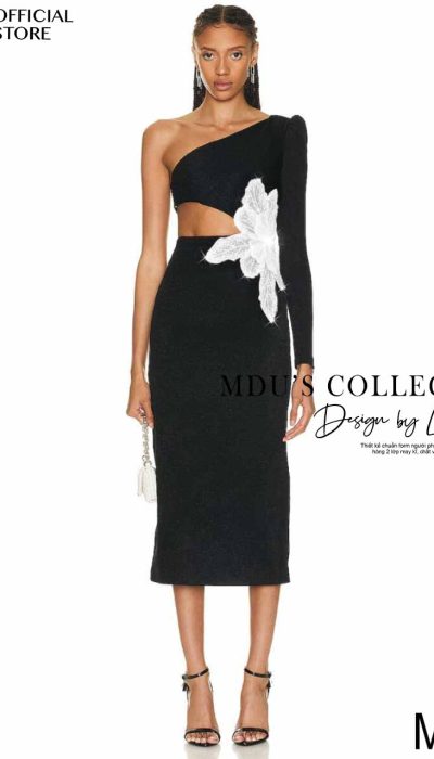 BLACK ONE-SHOULDER CUTOUT MIDI DRESS - MUS026