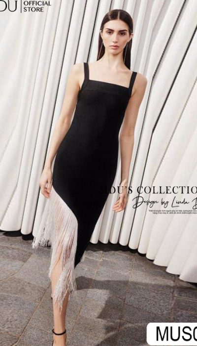 BLACK BODYCON DRESS WITH WHITE FRINGE - MUS048