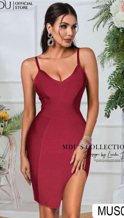 BURGUNDY BODYCON DRESS WITH SIDE SLIT - MUS049
