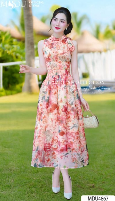THE ART OF BLOOMING | MDU4867 – Elegant Mandarin Collar Floral Dress