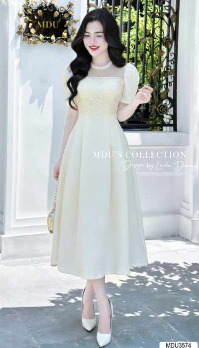 IVORY SERENADE | MDU3574 – Elegant A-Line Dress With Sheer Neckline