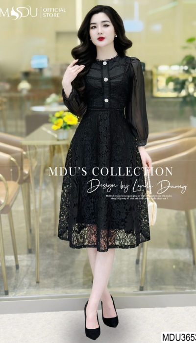 MIDNIGHT PETALS | MDU3653 – Black Lace Dress With Pearl Button Accents