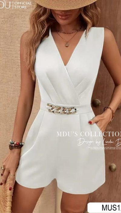 NOIR ÉLÉGANCE – WHITE CHAIN BELTED SLEEVELESS ROMPER | MUS126