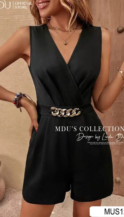 NOIR ÉLÉGANCE – BLACK CHAIN BELTED SLEEVELESS ROMPER | MUS126