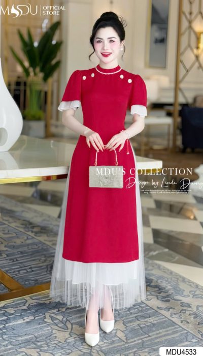 ELEGANT RED DRESS WITH SHEER TULLE ACCENT | MDU4533