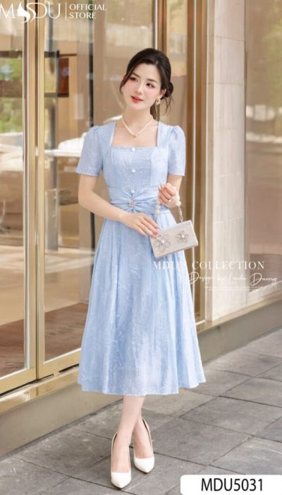 MDU5031 – ELEGANT LIGHT BLUE FLORAL MIDI DRESS